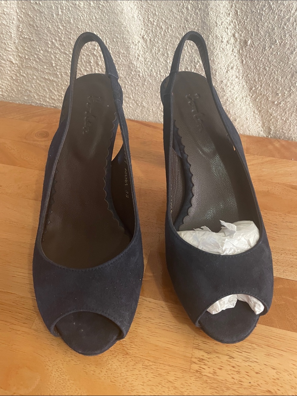 Boden Navy Suede Peep-Toe Slingback Heels